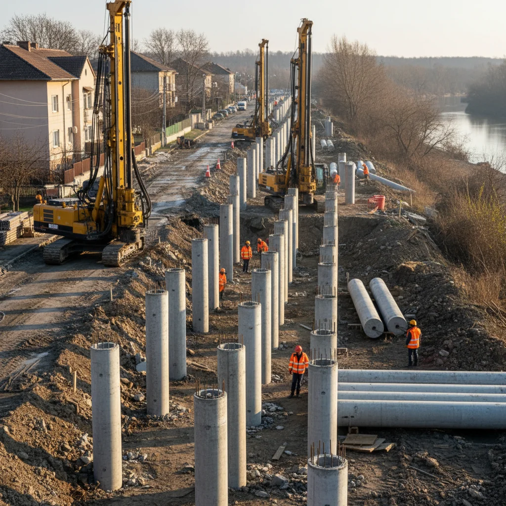 238 piloți de beton de până la 12 metri montați pentru consolidarea străzii Cibinului afectate de alunecare de teren