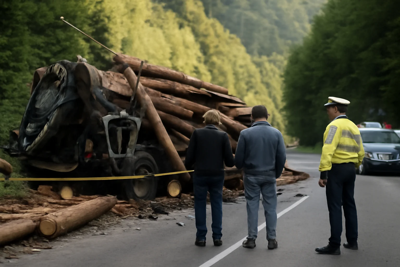 Accident mortal pe Valea Arpașu Mare: doi bărbați au murit după răsturnarea unui camion cu lemne, aproape de Brașov
