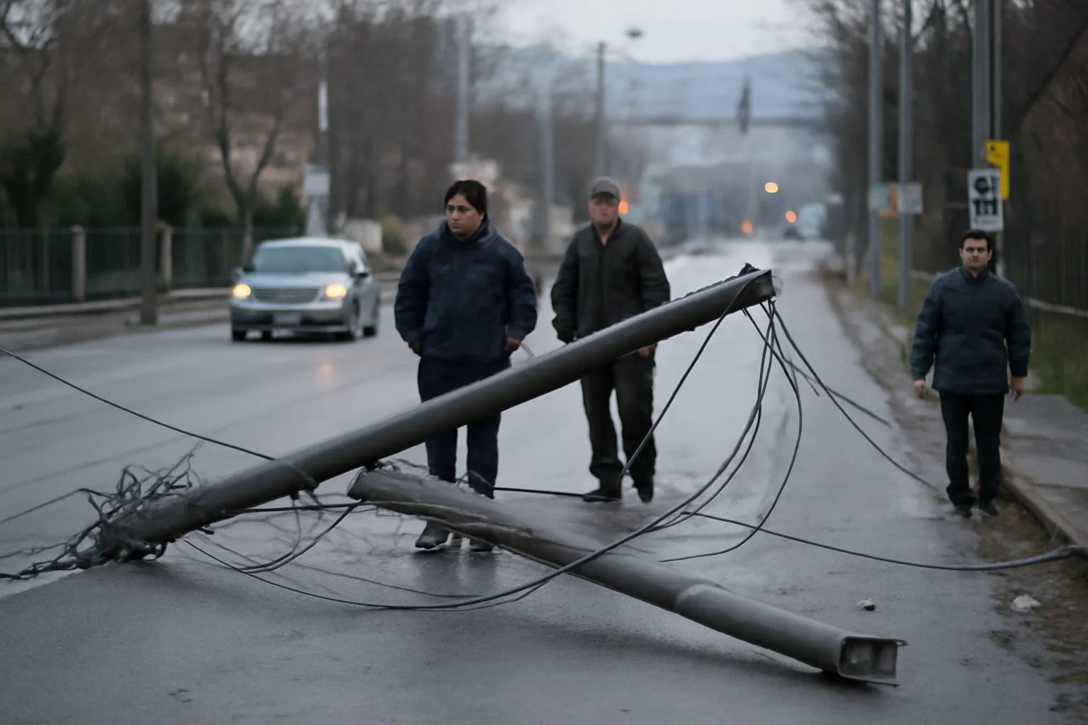 Stâlp doborât de vânt pe Calea Feldioarei din Brașov, zonă securizată de autorități