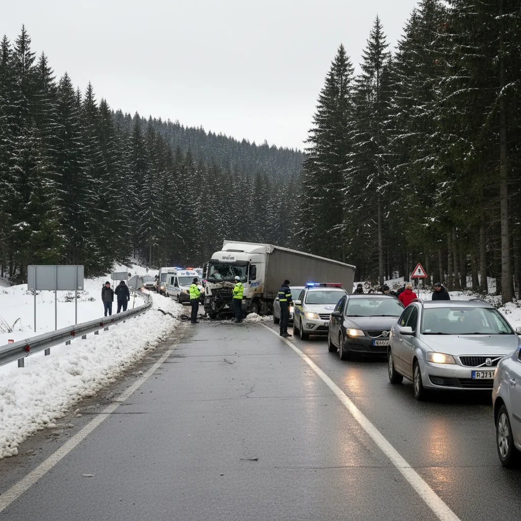 Trafic îngreunat pe DN1 în Predeal din cauza unui accident cu TIR – circulație pe o singură bandă
